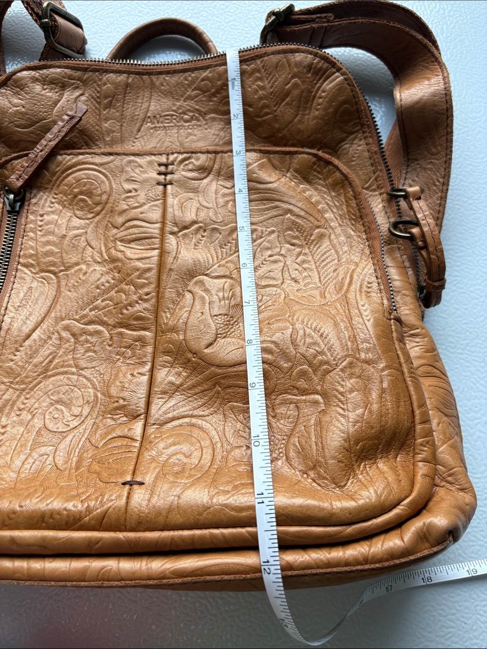 American Leather Tan Embossed Leather Backpack with Two Front Zip Pockets - Picture 8 of 15